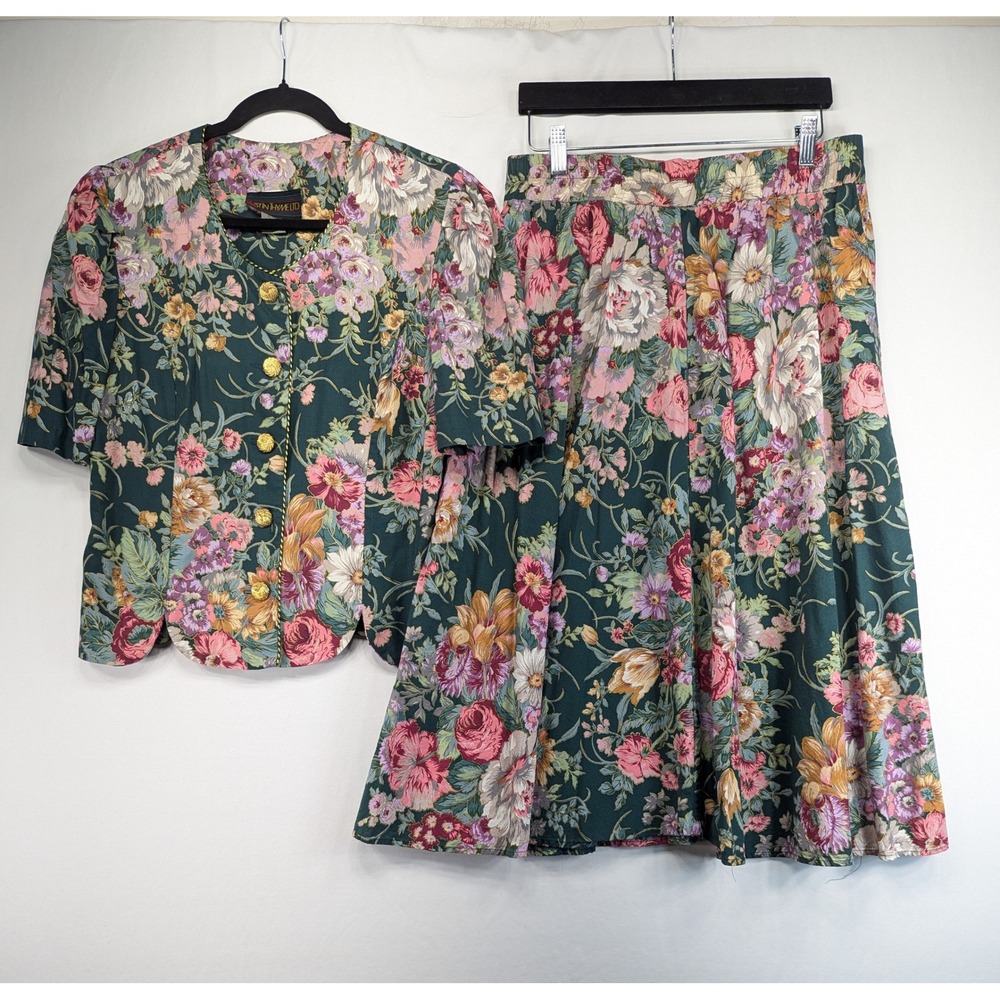 Vintage Just In Thyme Ltd Floral Skirt Set Green Gold Button 2pc Suit Size 10